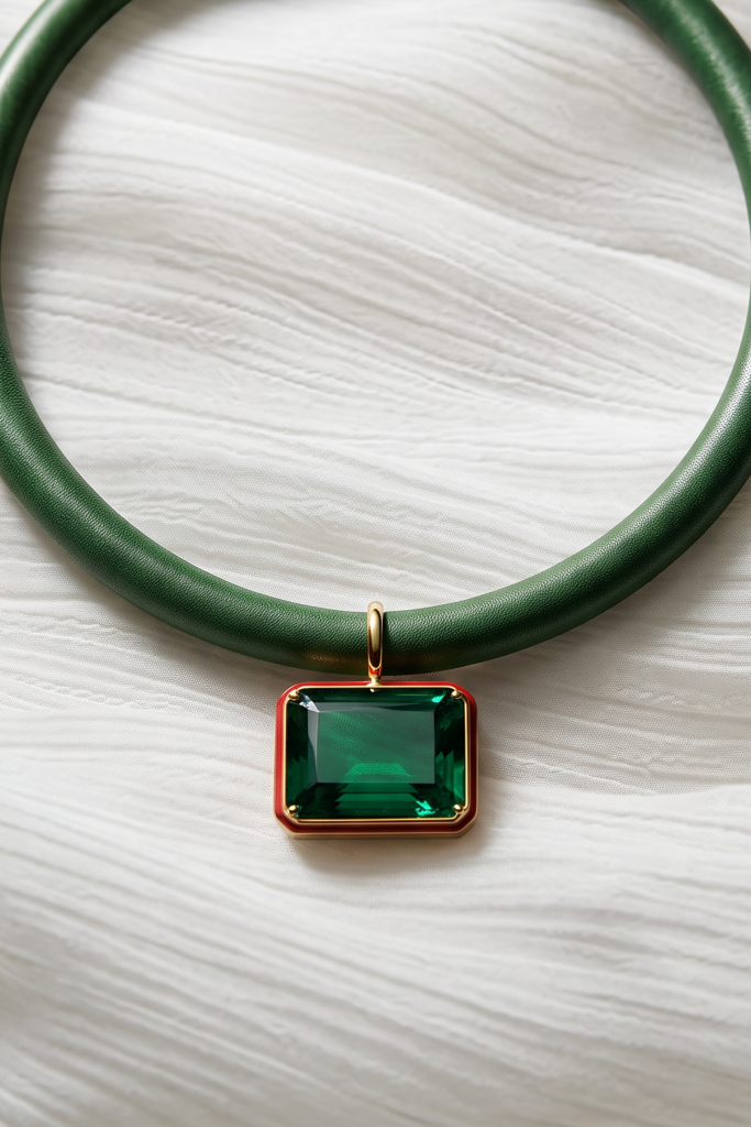 Collier en Cordon de Soie avec Pendentif en Tourmaline Verte et Céramique Rouge